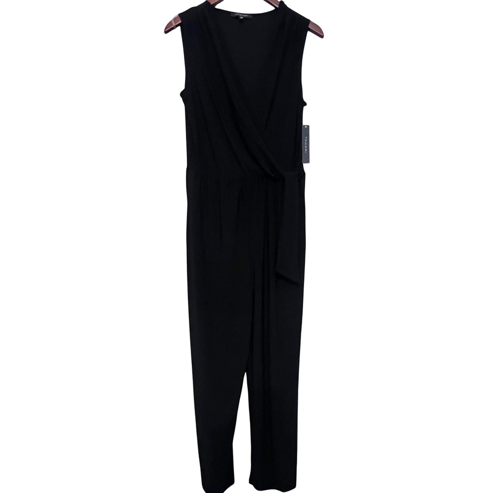 NWT Tahari Black Sleeveless Flowy Wrap Front Jumpsuit Wide Leg Belted Size L - Picture 2 of 13